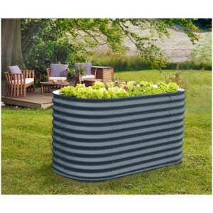 Jardinière surélevée ovale en métal gris Vitavia Vita 858 plantée de laitue.