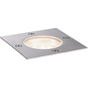 Faretto da incasso a pavimento quadrato Paulmann Plug & Shine in acciaio inox con luce bianca calda.