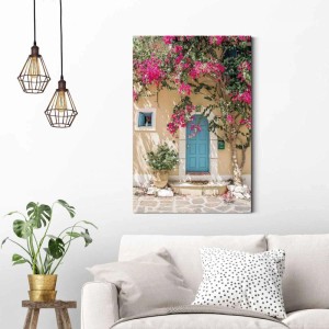 Reinders Deco Panel Mediterran Door: Blaues Tür-Motiv mit pinker Bougainvillea auf MDF-Wandbild.