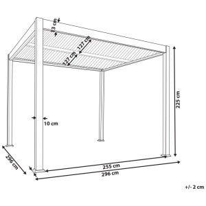 Technische Zeichnung der Beliani Pergola Fornoli aus schwarzem Aluminium mit verstellbaren Lamellen, 296x296x225 cm.