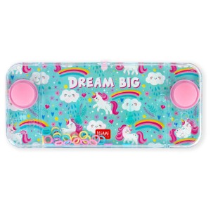 Mini jeu d'eau licorne Legami avec anneaux colorés et motif licorne.