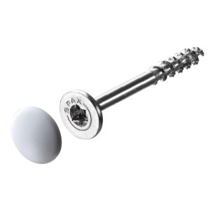 Set connettore Hettich: Vite con testa a rondella e cappuccio bianco per spessore corpo 18-19 mm.