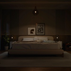 Gemütliches Schlafzimmer mit warmweißem Philips Hue E14 Licht, das eine entspannte Atmosphäre schafft.