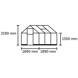 Schéma de la serre Halls Qube 6, 3,6 m², indiquant les dimensions de hauteur et de largeur.