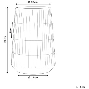 Schizzo del vaso decorativo dorato in gres Qanawat con dimensioni.