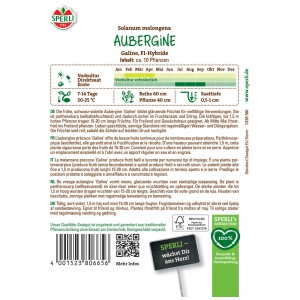 Sperli graines d'aubergine Galine, paquet avec infos semis, récolte et hauteur de la plante.