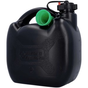 Tanica per benzina Cartrend in plastica nera, 5 litri, con beccuccio di riempimento verde.