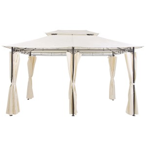 Gazebo Colos beige con struttura in acciaio e tende per il giardino.