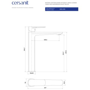Disegno tecnico del rubinetto per lavabo Larga, versione alta, nero opaco, con dimensioni.