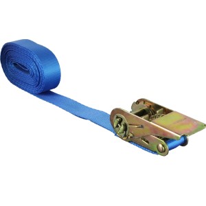 Sangle d'arrimage bleue 25 mm x 5 m avec cliquet pour un transport et une fixation sûrs.