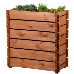 Kit de carré potager surélevé en bois (ambre) avec des plantes.