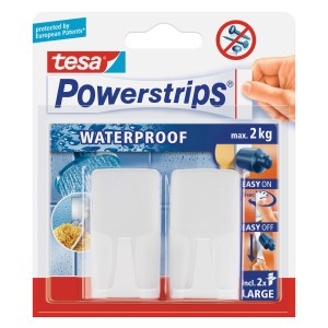 Tesa Crochets adhésifs Waterproof, lot de 2, blancs, carrés, avec Powerstrips Large jusqu'à 2 kg.