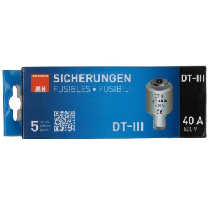 Max Hauri Fusibles DT-III, 5 pièces, à fusion lente, 40A, 500V, en emballage bleu.