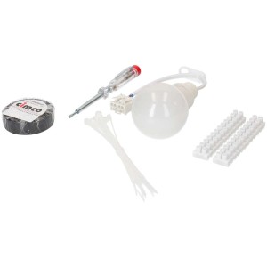 Kit de déménagement 6 pièces pour installation de lampe avec lampe, ruban isolant, testeur de tension, bornes et colliers de serrage.