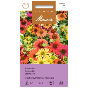 Samen Mauser Mélange de tournesols : graines de Rudbeckia et d’Echinacea en jaune, rose, blanc et rouge.