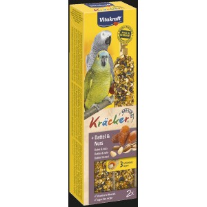 Vitakraft Kracker Dattero e Noci, 2 pezzi. Alimento per pappagalli con datteri e noci su bastoncino di legno.