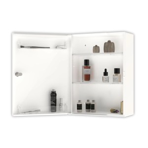 Armadietto medicinali Jokey Standard, bianco lucido, aperto con ripiani regolabili e scomparti porta.