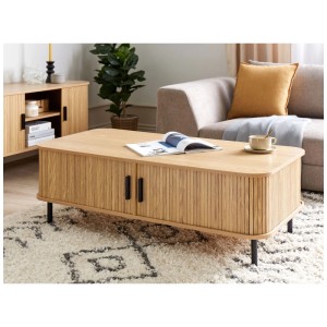 Table basse marron Beliani Bradley en MDF et métal, 41x60x120 cm. Table rectangulaire avec portes coulissantes.