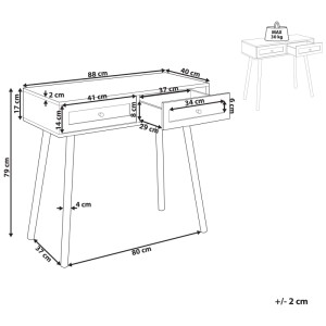 Schéma : Console Beliani Odell marron avec tiroirs et dimensions.