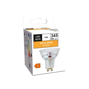 Lampadina LED GU10, 4W, bianco caldo, 345 lumen, nella confezione.