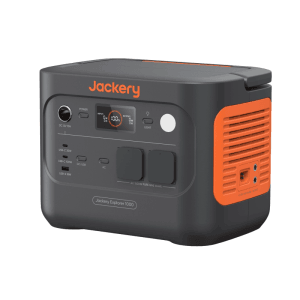 Jackery Powerstation E1000 v2 : Centrale électrique grise compacte avec accents orange et écran numérique.