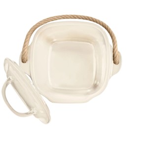 Lehmbrauner Emile Henry Komposteimer aus Keramik mit Deckel und Seilgriff.