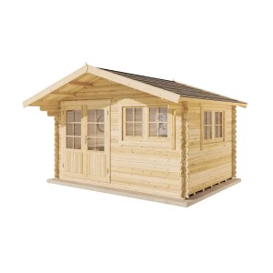 Casetta da giardino in legno tinto marrone Gabriel-34 con doppia porta e finestre.