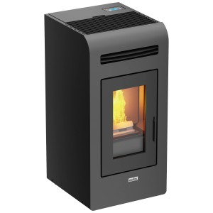 Poêle à granulés Ecofox 14 gris avec flamme et fenêtre. Puissance 13,2 kW.