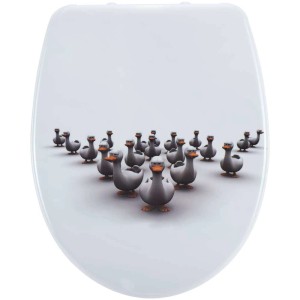 Sedile WC Diaqua Duck Duroplast bianco con motivo anatre e chiusura rallentata.