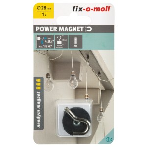 Gancio magnetico Fix-o-moll in neodimio, gommato, 38mm, nero-argento. Utile accessorio per la casa.