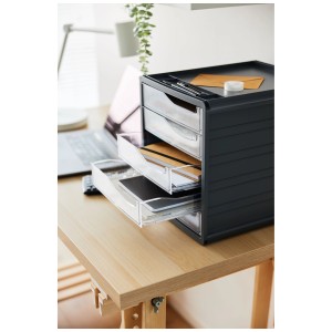 Rotho Spacebox mit 5 Schubladen, ideal zur Aufbewahrung von Bürobedarf und Dokumenten.