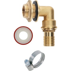 Kit de raccordement de cuve de récupération d'eau de pluie Geka avec buse en laiton, joint et collier de serrage pour cuves.