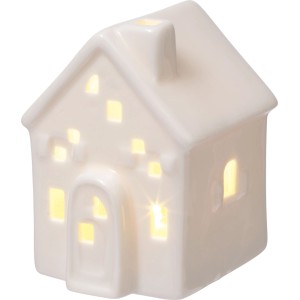 Figurine LED en céramique blanche en forme de maison, 9 cm, lumière chaude. Décoration de Noël pour table.