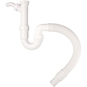 Siphon de cuisine Viega blanc en plastique, 38 mm, avec tuyau d'évacuation flexible.
