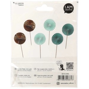 I Am Creative Fächer-Picker Set, Mint, Gold, 6 Stück. Dekorative Papier-Picker für Party und Basteln.