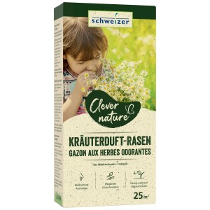 Emballage Clever Nature gazon aux herbes odorantes 25m² avec enfant sentant les fleurs.