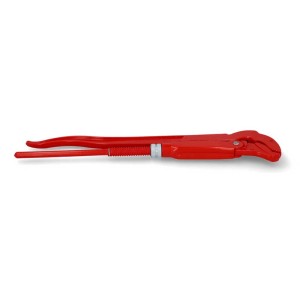 Clé serre-tube coudée rouge, longueur 430 mm, pour travaux de plomberie. La clé est réglable en continu.