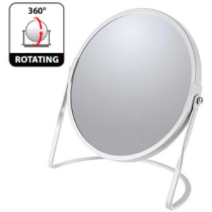 Miroir cosmétique Spirella Akira, blanc mat, avec support et surface de miroir ronde.
