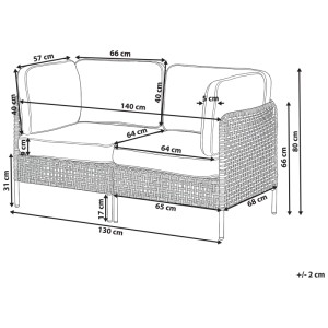 Dessin coté du canapé de jardin Beliani Omegana 2 places. Dimensions détaillées pour mobilier de jardin lounge.