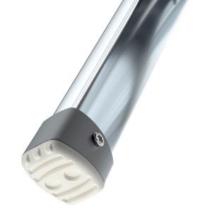 Dettaglio del piede antiscivolo di una scala Hailo Alu-Klapptritt LivingStep Plus.