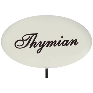 Emailleweißer Kräuterstecker „Thymian“ zur Beet- und Kübelbeschriftung, 30 cm hoch.