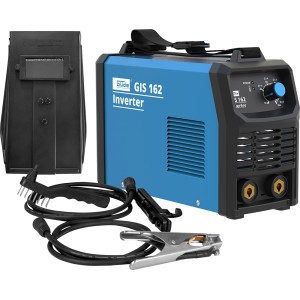 Poste à souder inverter Güde GIS 162 avec accessoires : masque, porte-électrode, pince de masse.