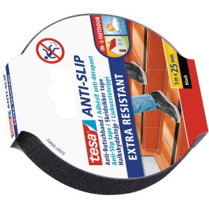 Ruban antidérapant Tesa, 5 m x 25 mm, noir. Bande adhésive antidérapante pour escaliers et surfaces lisses.