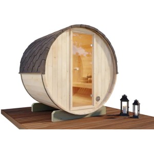 Sauna tonneau FinnTherm Mini XS en épicéa avec porte en verre et bardeaux.