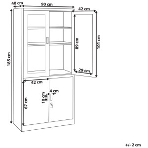 Vitrine Beliani Malachite, blanche, 185x90x40cm, avec portes en verre et métal, dessin technique avec dimensions.