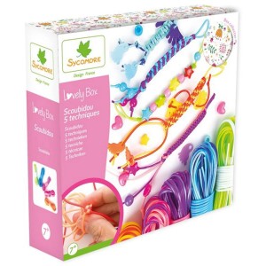 Kit créatif Lovely Box Scoubidou avec cordons colorés et perles pour la création de bijoux.