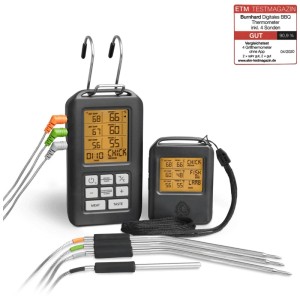 Termometro da grill Burnhard nero con 4 sonde, ricevitore e sonde in acciaio inox.