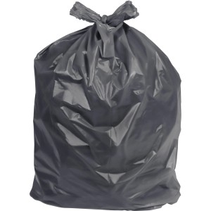 Voller, grauer LUX Bauschuttsack 120 l, zugebunden. Ideal für Bau- und Renovierungsabfälle.