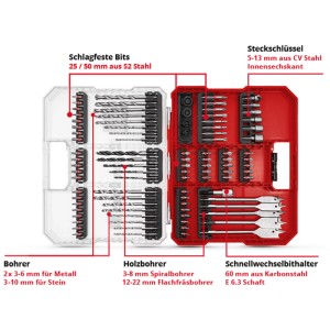 Einhell XL-Case LS 95 pièces, set d'outils avec embouts, forets et douilles dans une boîte de rangement.