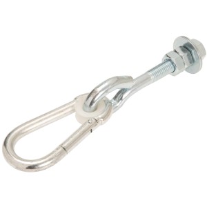 Sicherheits-Schaukelhaken aus verzinktem Stahl mit Karabinerhaken, Gewinde und Mutter.